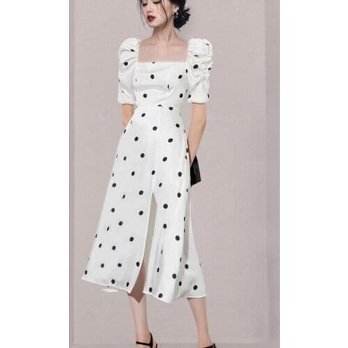 Vintage Summer Dress Women 2021 Fashion Square Collar Ruffle Sexy Dresses Polka Dot Print Split Midi White Vestidos Robe Femme