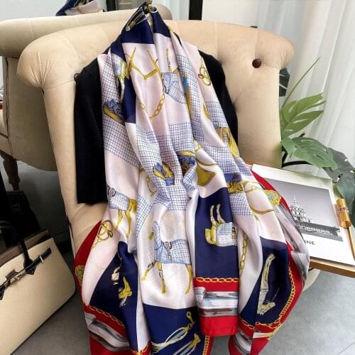 2021 Luxury Brand Silk Scarf Scarves Women Shawls and Wraps Long Large Sunscreen Shawls Horse Pattern Ladies Hijab Beach Towel