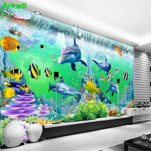 3D cartoon underwater world TV wall sofa wall living room dining room childrens bedroom swimming pool bed background wallpaper