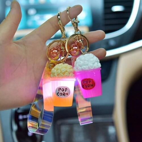 Cartoon Fashion Mini Popcorn Glowing Keychain Cute Popcorn Charm Key Chain with Light Men and Women Car Bag Gift Keychain