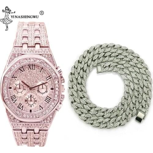 Hip Hop 15MM Miami Curb Cuban Chain Necklace & Watch 1 Set Gold Iced Out Paved Rhinestones CZ Bling Rapper Necklaces Men Jewelry