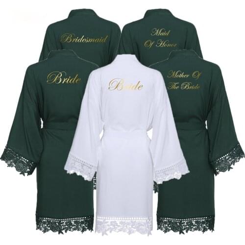 Rayon Cotton Robe Kimono Bride Bridesmaid Robes Lace Robe Women Wedding Bridal Robe Bathrobe Sleepwear White Dark Green