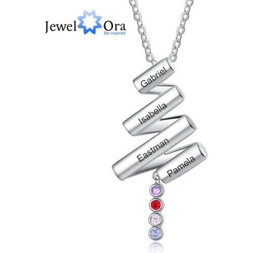 JewelOra Personalized Birthstone Necklace with 4 Engraving Names Customized Pendant Necklace Gift for Women