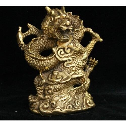 Chinese Folk Feng shui Bronze Brass Carved myth Lucky Zodiac Year Dragon Statue