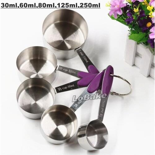 5 units/set) Imported quality great stainless steel measuring spoon 30ml 60ml 80ml 125ml 250ml silicone handle measure cup set