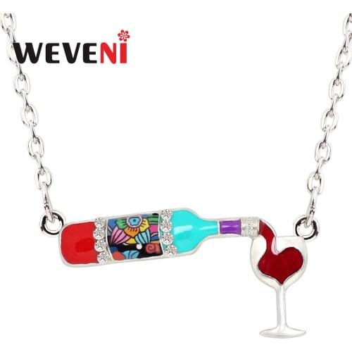 WEVENI Enamel Alloy Red Wine Bottle Cup Necklace Pendant Chain Collar Trendy Jewelry For Women Girls Gift Party Femme Drop Ship