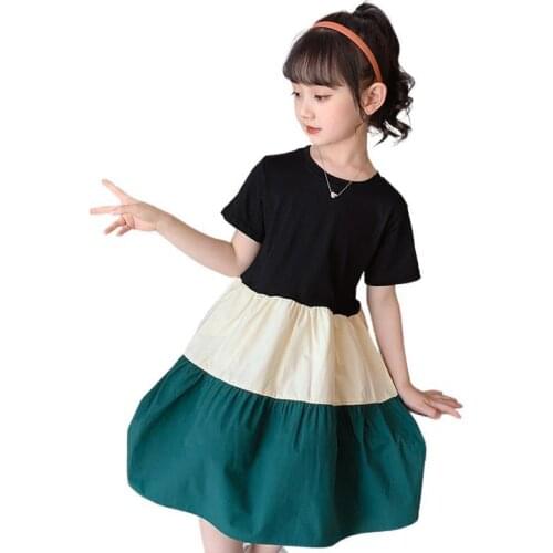 Teenagers Girls Dresses 2021 New Summer Kids Fashion Three-Color Contrast Dress Child Stitching Dress Casual Childrens Clothes