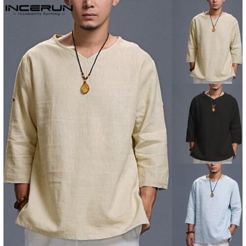 Retro Tops Mens Shirts Loose Long Sleeve Cotton Autumn Plain Tee Shirt Loose Fit Man Tops Camisa Masculina Ethnic Male Clothing