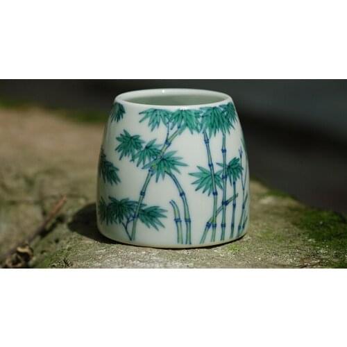 Hand Paint Blue and White Constracting Colors Bamboo Pattern Ceramic Tea Cup Hand Made Ceramic Water Mug