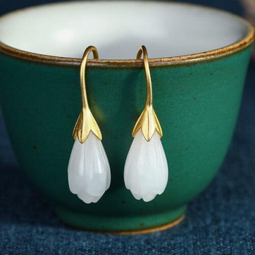 S925 Silver Jade Earrings Hetian Jade Magnolia Ear Hooks Simple Temperament New Earrings Female Flower Earrings