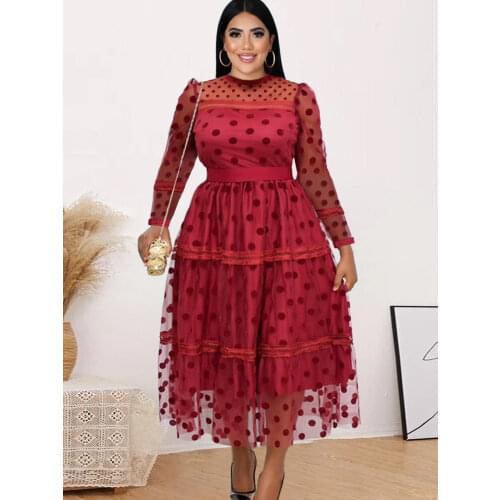Long Sleeve Tulle Dress Polka Dot Classy A Line Slim Fit Midi Dresses See Through Classy Lady Evening Party Gowns Plus Size 5XL
