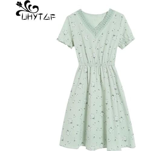 UHYTGF Women elegant dresses fashion Cotton linen print summer dress Small fresh evening party dresses Cute girl Casual dress651