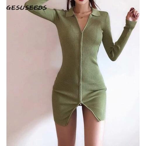 Autumn knitted dress women long sleeve dresses sexy mini dress vintage sweater dresses green polo dress zipper white vestidos