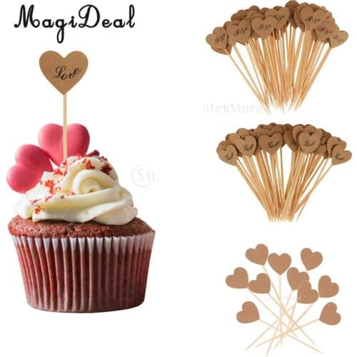 MagiDael Delicate 50Pcs/Pack Vintage Kraft Paper Heart Cupcake Topper Food Picks Crafts for Wedding Engagement Party Decor Brown