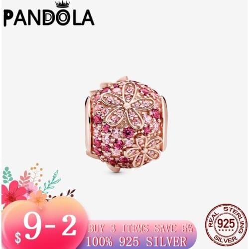 High Quality Real 925 Sterling Silver Spinning Pink Pave Daisy Flower Charms Beads Fit Original Pandora Bracelet Jewelry Gift