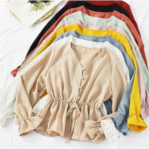 Womens Clothing 2021 Polka Dot V-Neck Long Sleeve Shirt Chiffon Blouse Korean Elegant Woman Top Fashion Ladies Tops Spring Fall