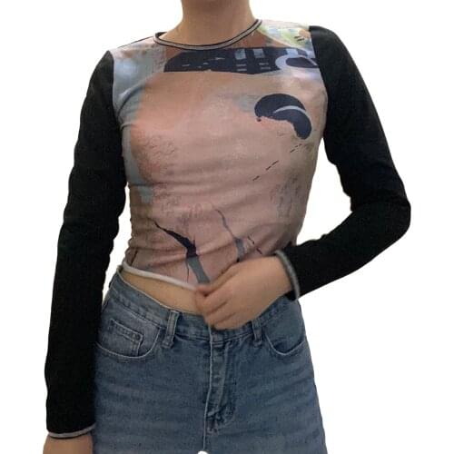 90s Vintage Print Women T-Shirt Long Sleeve Crew Neck Skinny Crop Top 2021 Fashion Spring Autumn Casual Pullover Tee Streetwear