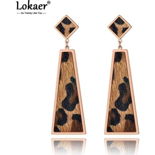 Lokaer Classic Stainless Steel Leopard Leather Geometry Earrings Rose Gold Vintage Dangle Earrings Jewelry For Women Girl E19260