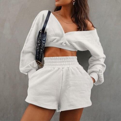 Womens V-neck Crop Tops Shorts Two Piece Set Long Sleeve Elastic High Waist Slim Suit Female 2021 Autumn Lady Casual Sport Sets