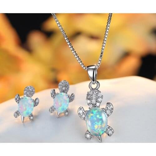 Cute Small Sea Turtle Necklace Earrings Female White Opal Oval Stone Jewelry Sets For Women Boho Silver Color Bridal Wedding Set