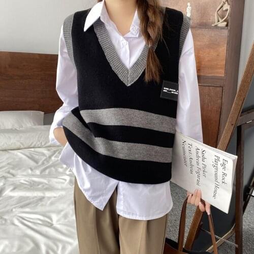 Striped Knitted Womens Vest Autumn Winter Clothing Sweater Vest Sleeveless V Neck Korean Loose Waistcoat Tops Knitwear Pullover