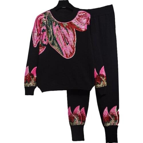 2020 Knitwear Two Piece Set Women Suits Autumn New Fashion Sequins Warm Sweater Coat + Loose Casual Pants Women Knitted Set H694