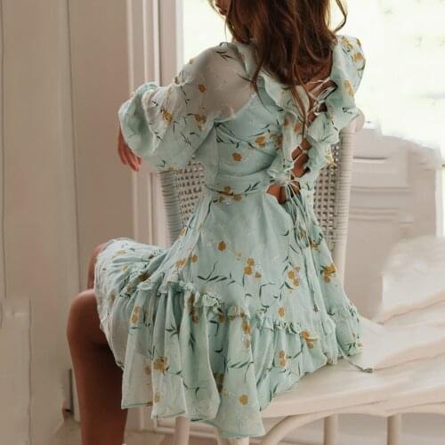 Foridol long sleeve sheer boho print dress women sexy backless lace up beach autumn dress floral green chiffon short dress 2021