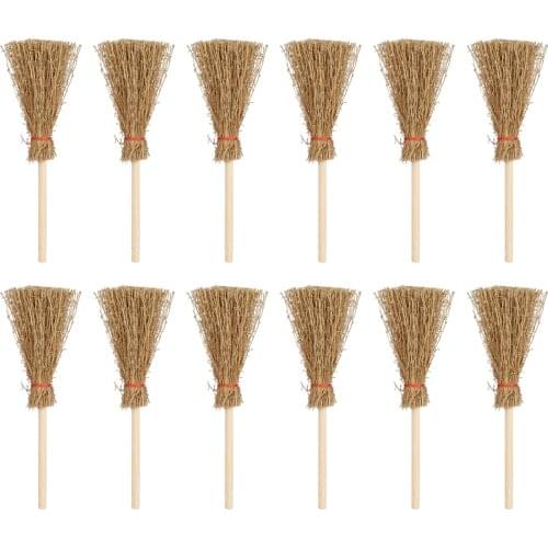 12pcs Mini Broom Red Rope Lightweight Straw Brooms Hangings Decorations For Costume Party Halloween Party Witch Broom Home Decor