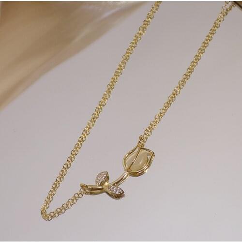 14k Real Gold Plated Fine Jewelry Opal Rose Flower Pendant Exquisite Micro-inlaid Zircon Clavicle Chain Necklaces for Woman