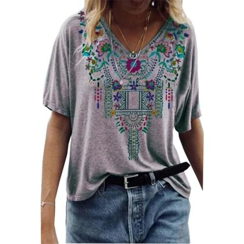 2021 Summer Women T Shirt Short Sleeve V-Neck Vintage Folk-Custom Print Tee Beach Casual Loose Female Tops