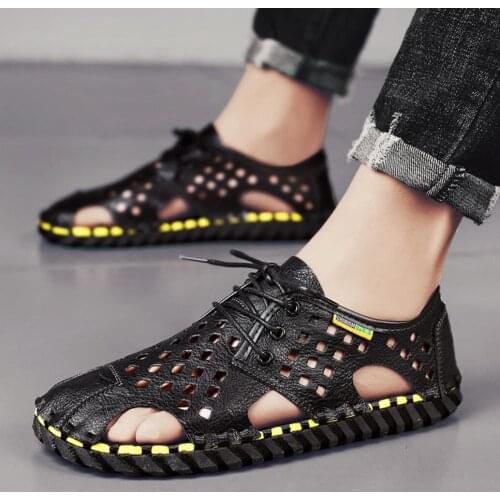 2021Summer Luxury Men Genuine Leather Sandals Retro Trend Breathable Beach Mens Shoes Light Lace-Up Handmade Casual Sandlias
