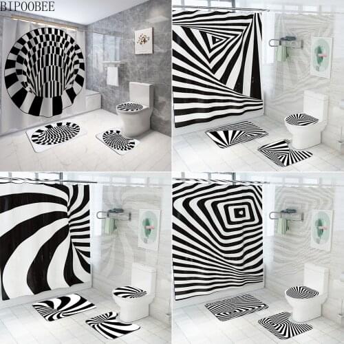 3D Shower Curtain Waterproof Bathroom Curtains Set Black and White Stripes Printing Carpet Toilet Cover Bath Mat Anti-skid Rugs