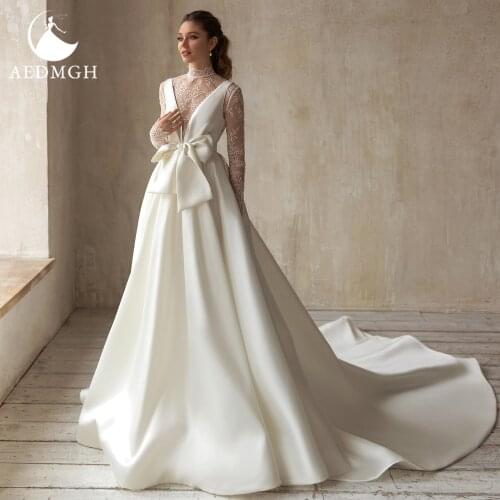 Aedmgh Bow Satin Wedding Dresses 2021 High Neck Long Sleeve A-Line Court Train 2 In 1 Vestido De Noiva Vintage Lace Bridal Gowns