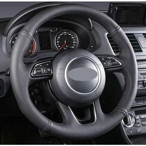 DIY Black Genuine Leather Car Accessories Steering Wheel Cover For Audi A6L A4L Q5 A4 A3 Q3 A1 A7 A8L 07 Non-slip And Breathable