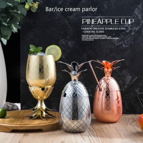 500-600ml Pineapple Cocktail Wine Cup Moscow Mule Stainless Steel Metal Bartending Cold Drink Can Fork Straw Hammer Design Mug