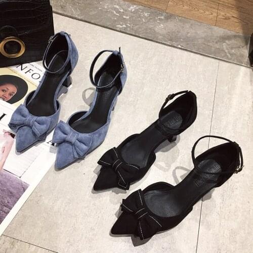 Blue&black bow-knot summer sandals sweet girls thin high heels shoes woman solid flock pointed toe shallow sandalias cover heels
