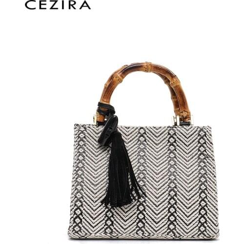 CEZIRA Bohemia Cotton Knitting Handbags For Women Small Bamboo Handles Design Bucket Female Fashion Tassel Top-handle Tote Purse