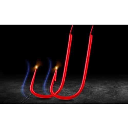 DYGYGYFZ 11Pcs/set Red Barbed Barbless Hooks Fishing Hooks #1-#8 High Carbon Steel Carbon Red Bait Holder Fish Hook Set