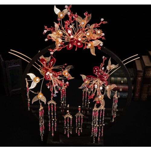 Bride Ancient Costume Chinese Style Elegant Tiara Classical Tassel Knot Dragon and Phoenix Kimono Wedding Hair Accessories