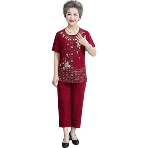 Middle aged grandma Costume Summer 2 Piece Set Womens Short Sleeve T-shirt+Pant Suit Womens Large Size Loose Sporting Set 4XL