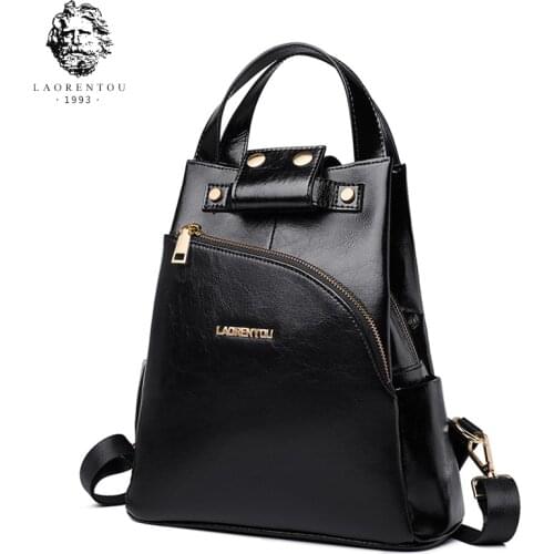 LAORENTOU Anti-theft Ladies Travel Rucksack Oil Wax Design Cow Leather Teens Punk Style Satchel Women Classical Commute Backpack