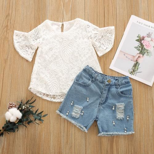 Fashion 1-6 Years Summer Girls Clothes Set Floral Embroidery Short Flare Sleeve Lace Tops + Solid Color Ripped Short Jeans