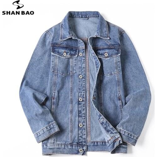 SHAN BAO 2021 autumn brand high quality cotton loose denim jacket classic style trend mens casual plus size lapel jacket