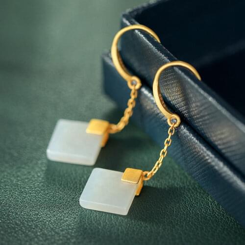 Natural Hetian white jade diamond geometry Earrings Chinese style retro tassel luxury antique gold craft female silver jewelry