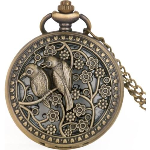 New Creatitive Bronze Hollow Bird Quartz Pocket Watch Clock Necklace Black Men Fob Watches with Chain Gifts