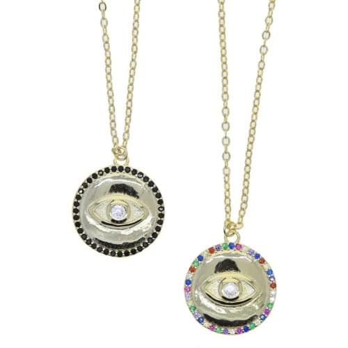 Wholesale Gold Round Coin Pendant Necklaces Paved Black Colorful Cubic Zirconia Evil Eye Geometric Fashion Jewelry 2021 New
