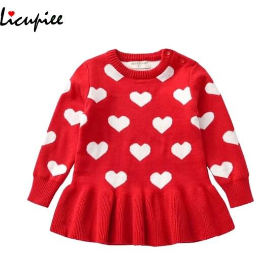 Baby Girls Autumn Dress Mini Dress Wool Knitting Sweater Heart Printed Lace Short Skirt Pullover Kids 1-5 Years