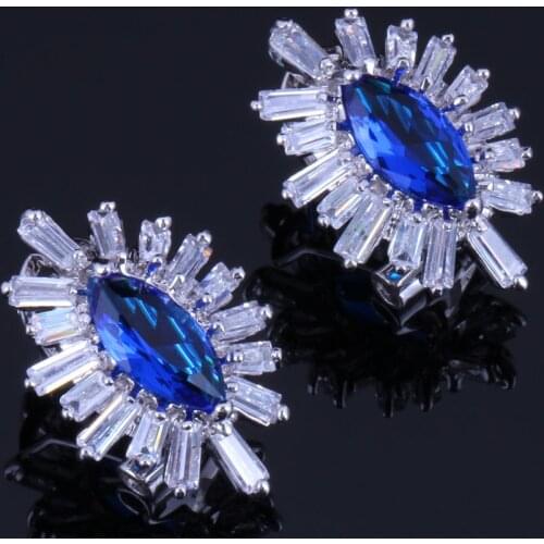 Excellent Marquise Blue Cubic Zirconia White CZ Silver Plated Clip Hoop Huggie Earrings V0896