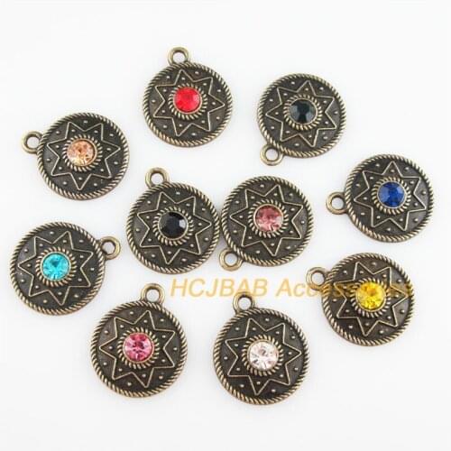 10 New Round Star Charms Antiqued Bronze Plated Flower Mixed Crystal Pendants 22x26.5mm