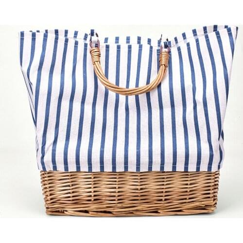 Striped canvas straw bag Large-capacity rattan bag portable woven handbag woman large shopping bag